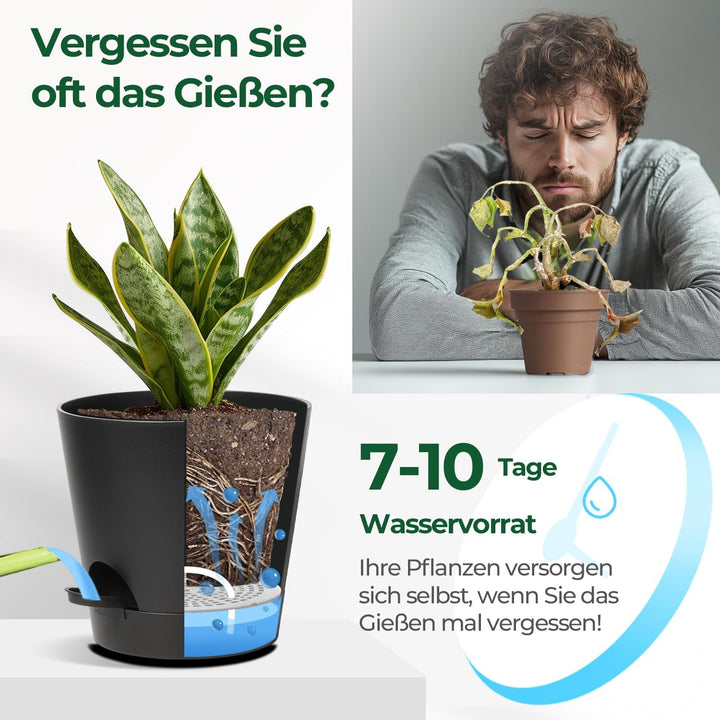T4U 20cm Kunststoff Blumentopf mit Bewässerungssystem, 6er-Set Selbstbewässerung Übertopf mit Unters