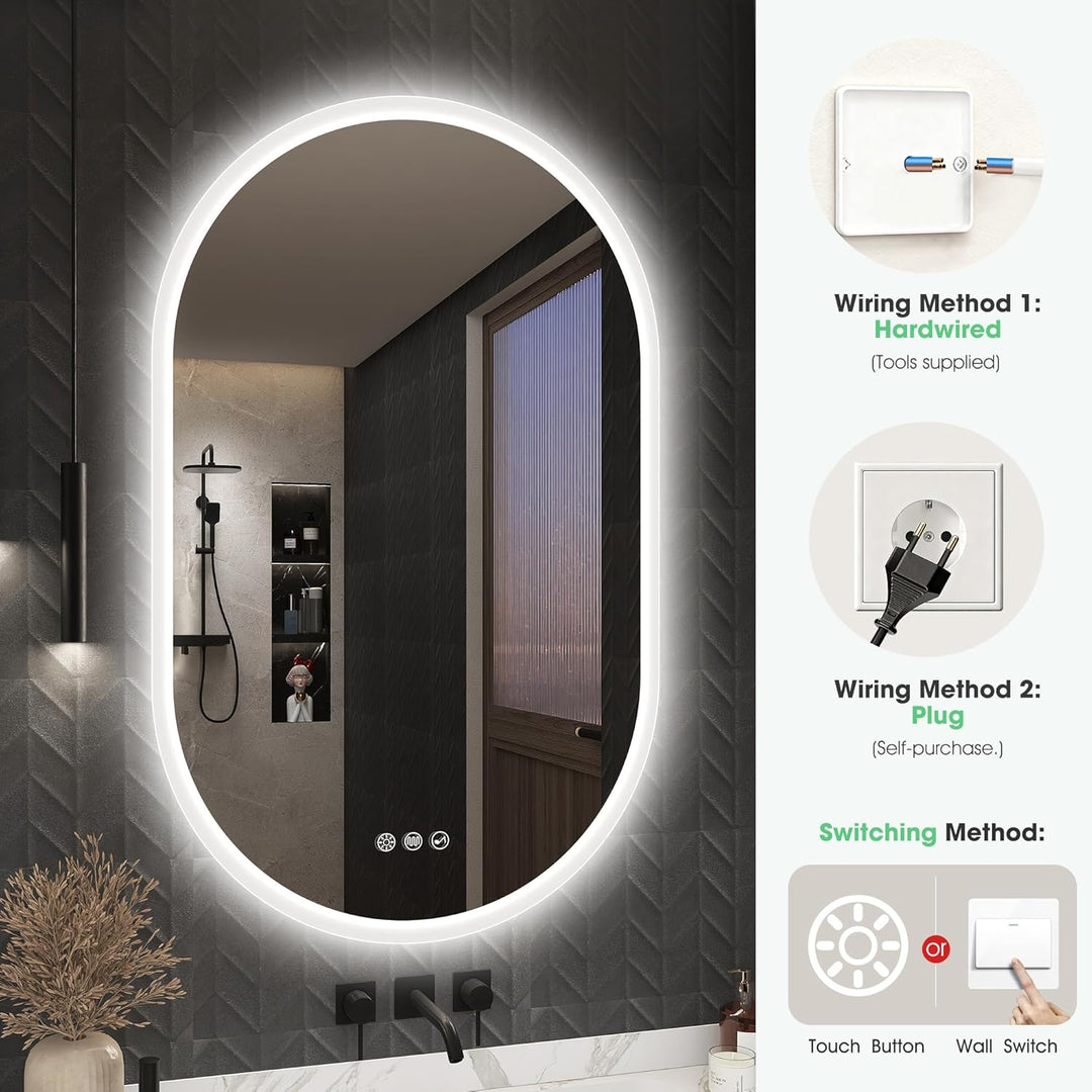 S'bagno Badspiegel-mit-Beleuchtung 100x60cm, Oval-Badezimmerspiegel-mit-Beleuchtung und Bluetooth, E