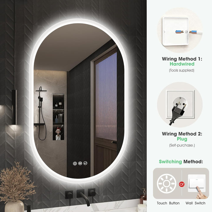 S'bagno Badspiegel-mit-Beleuchtung 100x60cm, Oval-Badezimmerspiegel-mit-Beleuchtung und Bluetooth, E