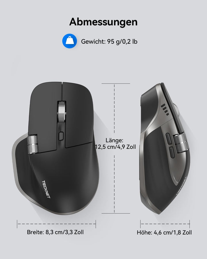 TECKNET Bluetooth kabellose Maus(BT 5.3/5.0+2,4G), Seitliches Mausrad, Superschnelles Scrollen, Wied