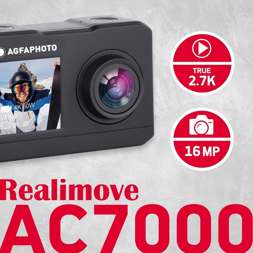 AgfaPhoto Photo Realimove AC7000 – Digital-Action-Kamera, wasserdicht 30 m (True 2,7 K, 16 MP, Dual-