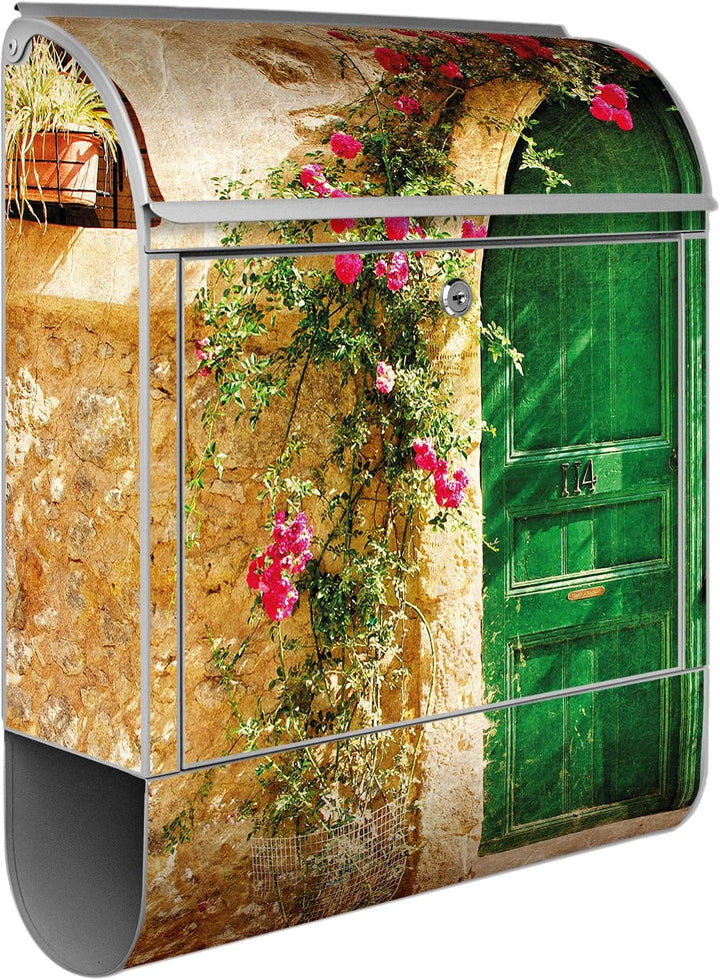 banjado® Design Briefkasten mit Motiv Ferienhaus 39x47x14cm &amp; 2 Schlüssel - Briefkasten Stahl Silber
