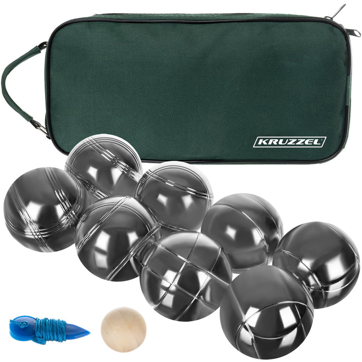 KRUZZEL Boule Spielset mit 8 Metallkugeln + Holzkugel &amp; Massband im Transportkoffer – Outdoor Petanq