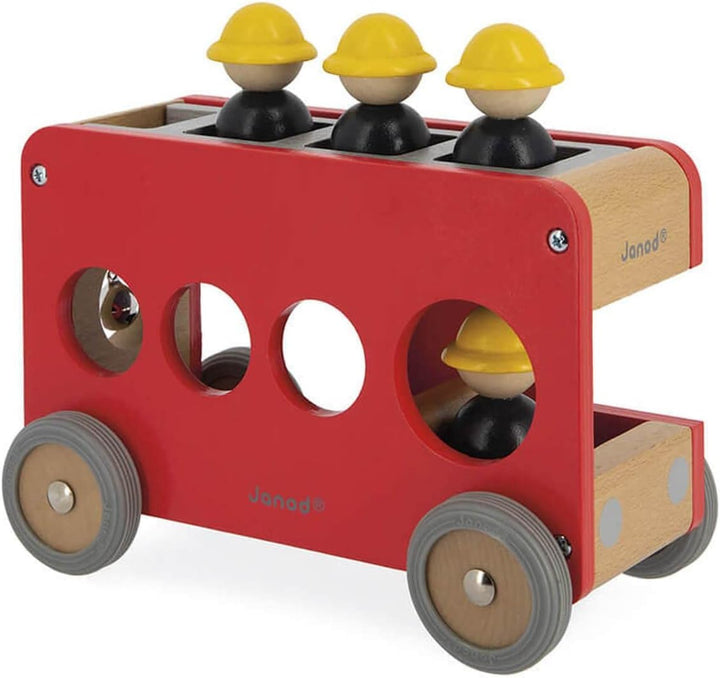 Janod - Bolid Feuerwehrauto aus Massivholz - 6 Feuerwehrleute - Leise Räder - Fantasie und Feinmotor