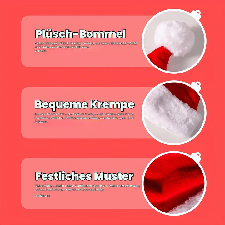 Giggling Getup Weihnachtsmütze, Premium-Weihnachtsmütze, Plüsch-Weihnachtsmütze aus rotem Samt mit B