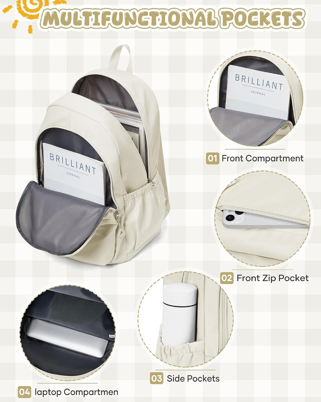 Schulrucksack Teenager Mädchen Jungen Schultasche Rucksack Schule Beige | School Bag Backpack Laptop