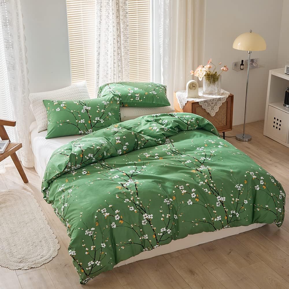 Nyescasa Bettwäsche 200x200 3 Teilig Grün Blumen Botanisch Muster Bettwäsche-Set Blume Zweig Design