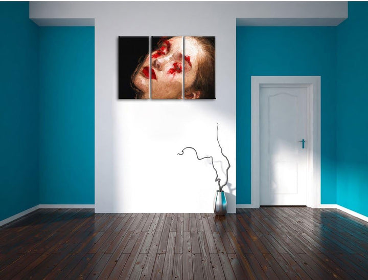 Frau mit roten Puder Pinsel Effekt 3-Teiler Leinwandbild 120x80 Bild auf Leinwand, riesige Bilder fe