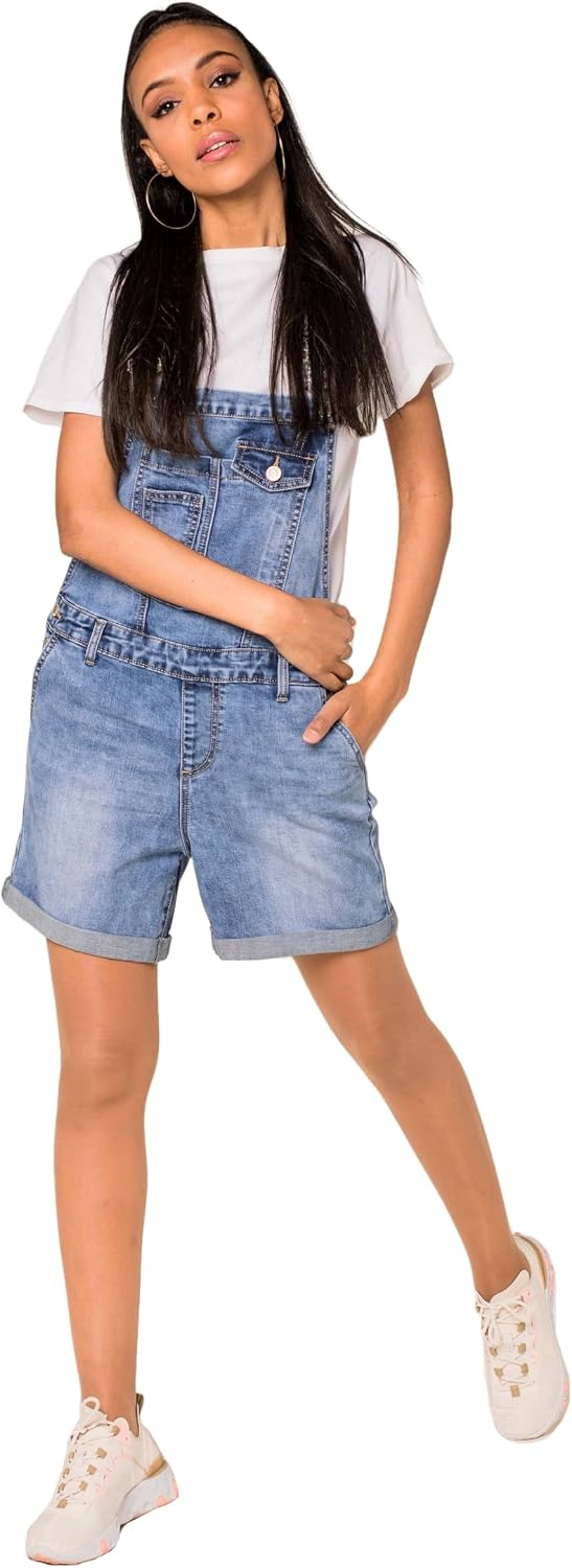 Nina Carter S511 Damen Jeans Latzshorts – Kurze Latzhose aus Denim mit Brusttaschen & Knöpfen – Somm