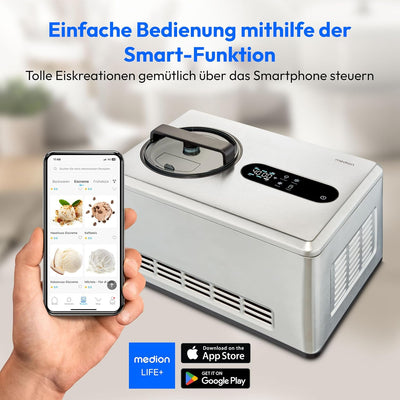 MEDION smarte Eismaschine mit Kompressor (selbstkühlend, App Steuerung inkl. Eis-Rezepte, LED Displa