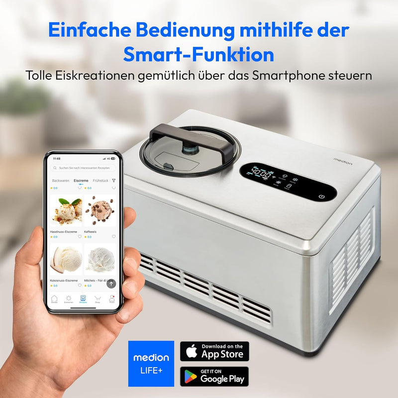 MEDION smarte Eismaschine mit Kompressor (selbstkühlend, App Steuerung inkl. Eis-Rezepte, LED Displa