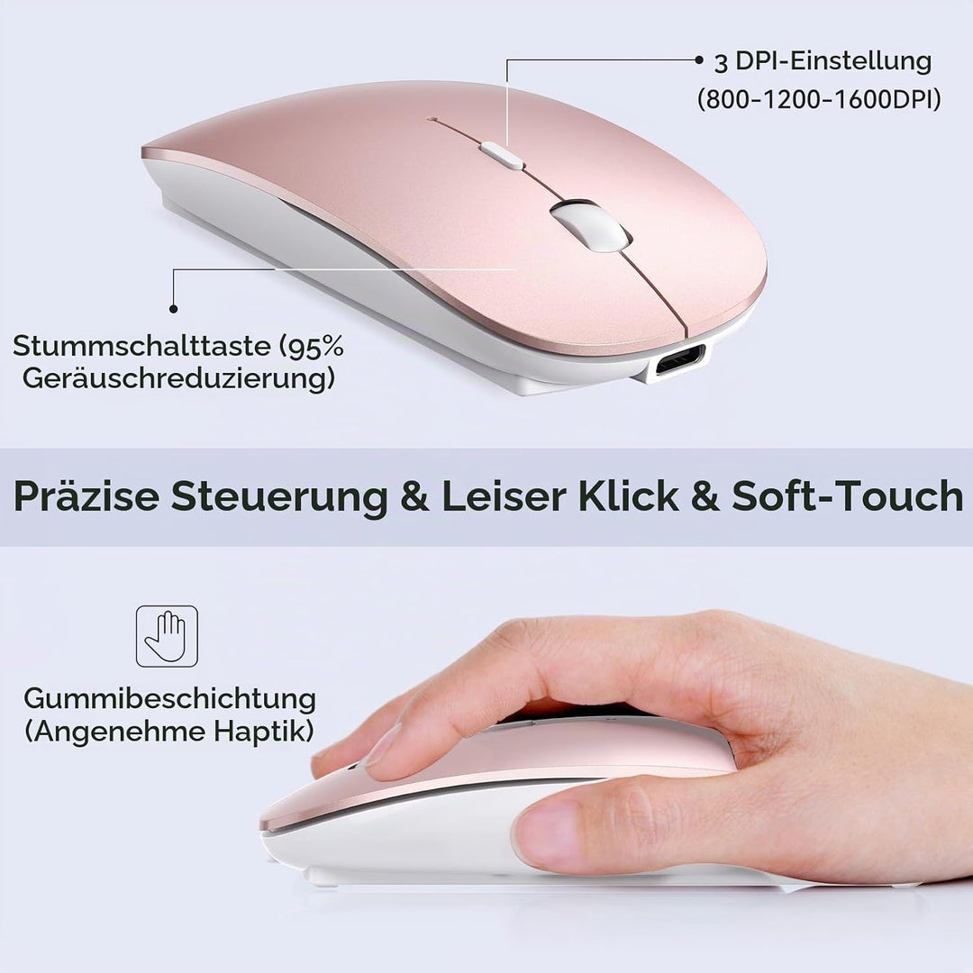 RaceGT Maus Kabellos USB-C &amp; USB-A, Mouse Aufladbar 2,4GHz Leise klick Beidhändig 3 Adjustable DPI L
