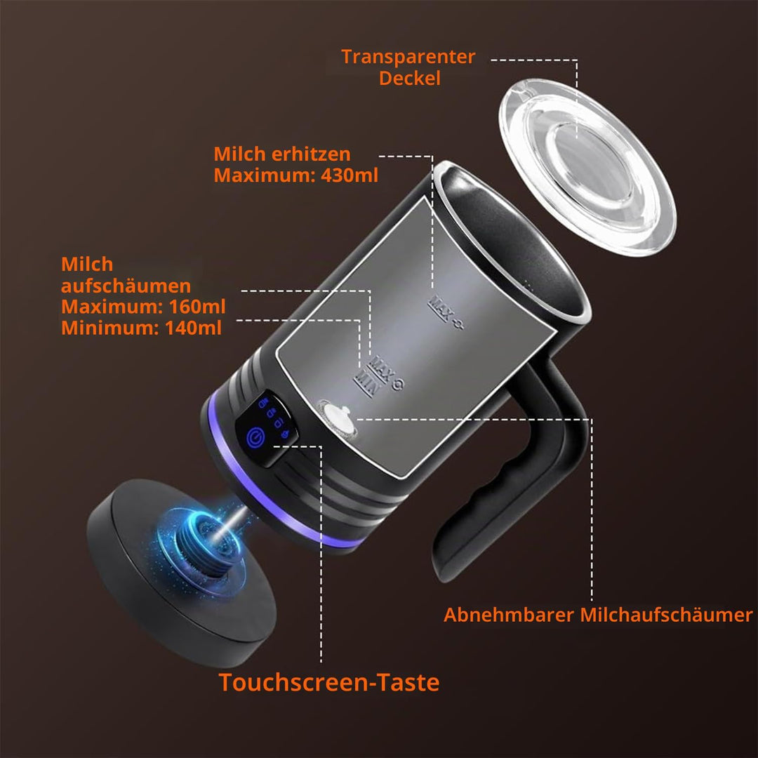 Elektrischer Milchaufschäumer, 430 ml Edelstahl Milchaufschäumer, Antihaftbeschichtung,warmer und ka
