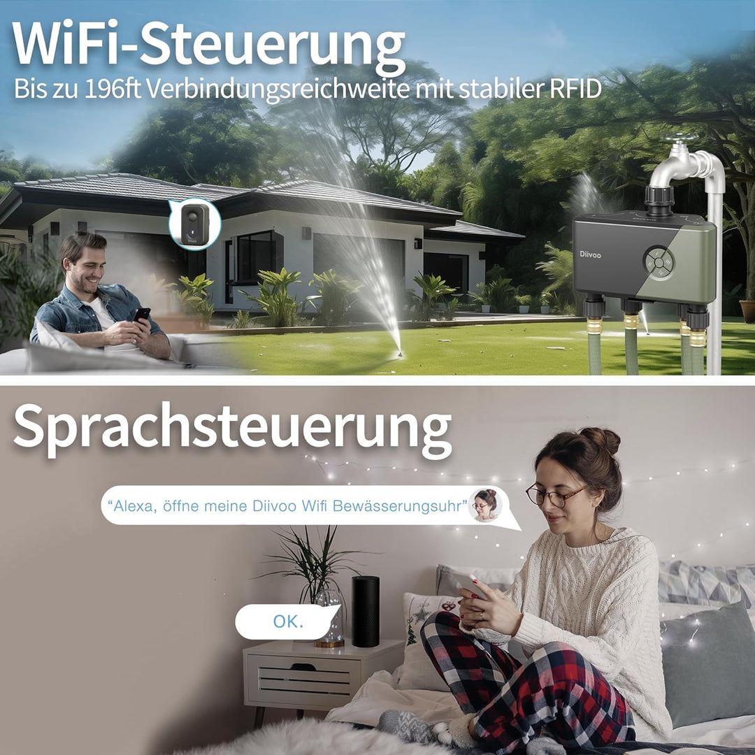 Diivoo Bewässerungscomputer WLAN 4 Ausgänge mit 60M RFID-Technologie, Wasser Zeitschaltuhr mit Alexa