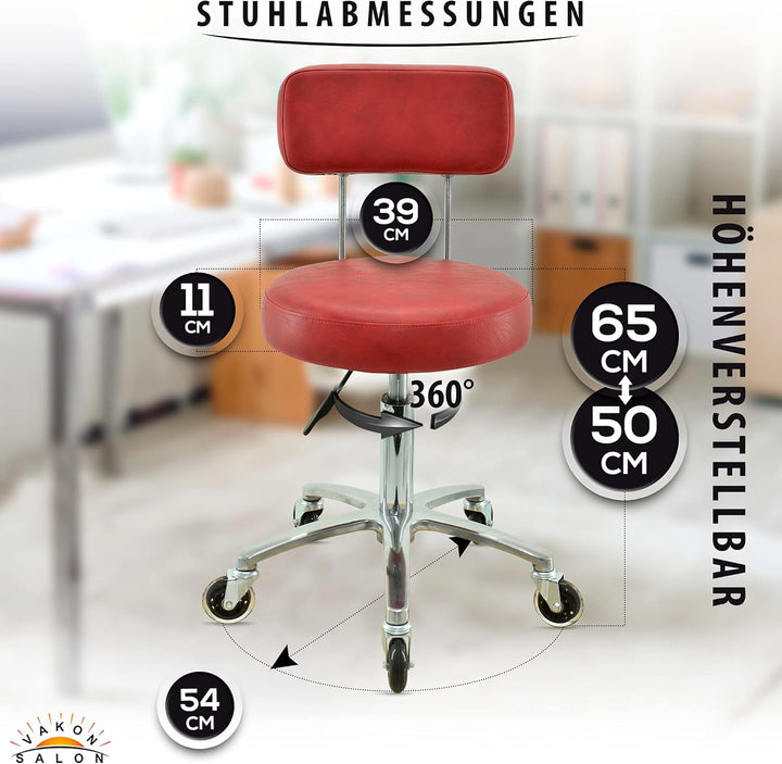 Premium Rollhocker mit Lehne in Rot - Höhenverstellbar von 50 bis 65 cm - Rundsitz - Drehhocker Arbe