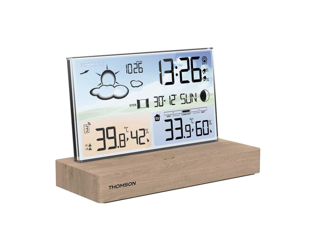 Thomson Wecker Wetterstation mit Holzsockel