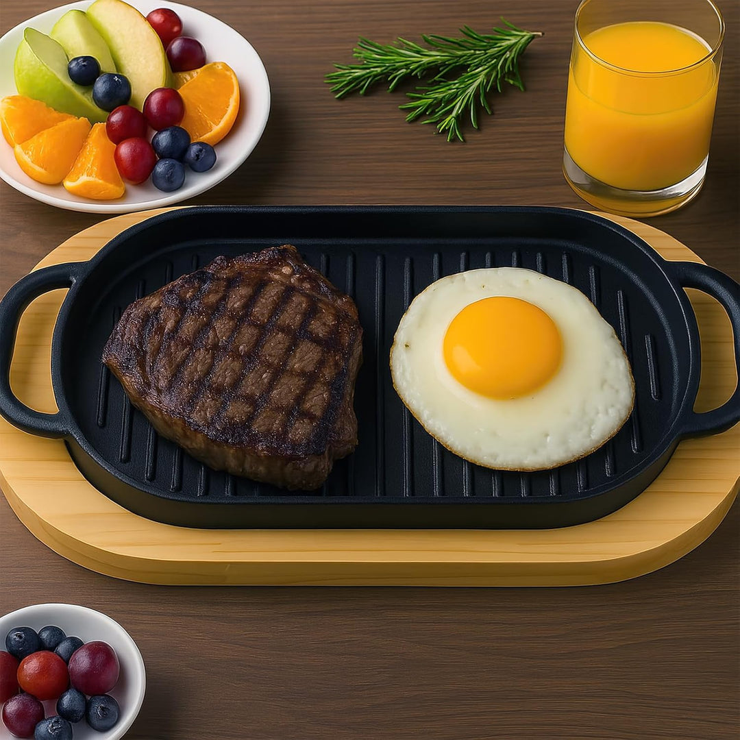 2er-Set Gusseisen Servierpfannen mit Holzuntersetzer & abnehmbarem Griff – Ovaler Sizzling Steak-Pla