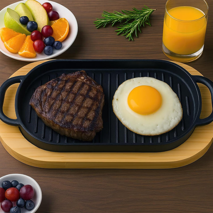 2er-Set Gusseisen Servierpfannen mit Holzuntersetzer & abnehmbarem Griff – Ovaler Sizzling Steak-Pla