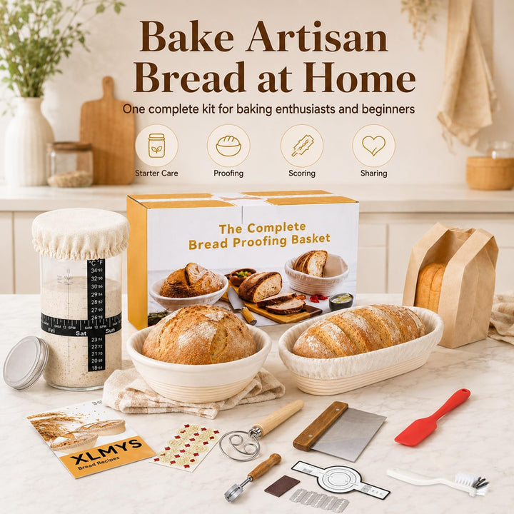 20-Teilig Sauerteig Starter Set mit 2 Gärkörbchen,Natürlicher Rattan Gärkorb Brot Set,Komplettes Bro