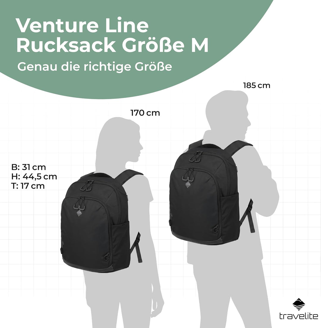 Travelite Rucksack VENTURE LINE M, 31x44,5x17 cm, 22 L, robustes Nylon, Laptopfach 15,6 Zoll, Trolle