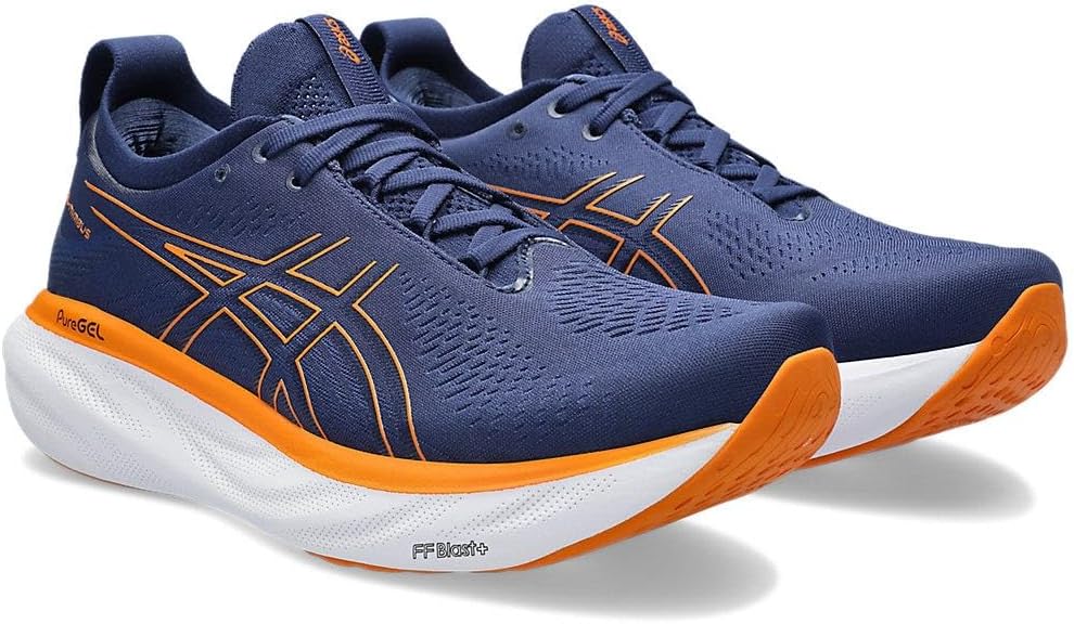 ASICS Nimbus 25 Strassenlaufschuhe für Männer Schwarz Silber 41.5 EU Deep Ocean Bright Orange, 41.5