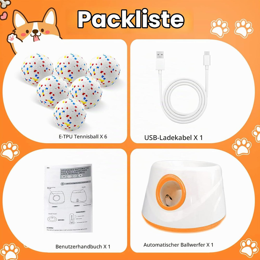 Ballwurfmaschine für Hunde, Ballmaschine Hund mit 6 E-TPU Tennisbälle, Interaktives Hundespielzeug E