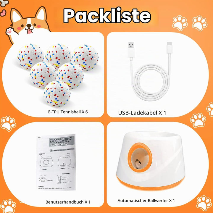 Ballwurfmaschine für Hunde, Ballmaschine Hund mit 6 E-TPU Tennisbälle, Interaktives Hundespielzeug E