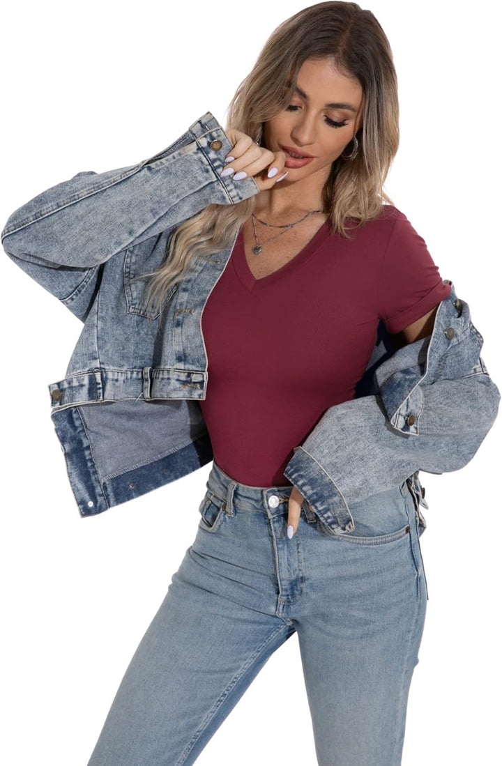 PrinStory Body Für Damen Kurze Ärmel V-Ausschnitt Bodies Mit Druckknopf Sexy Modische Tank Tops, Wei
