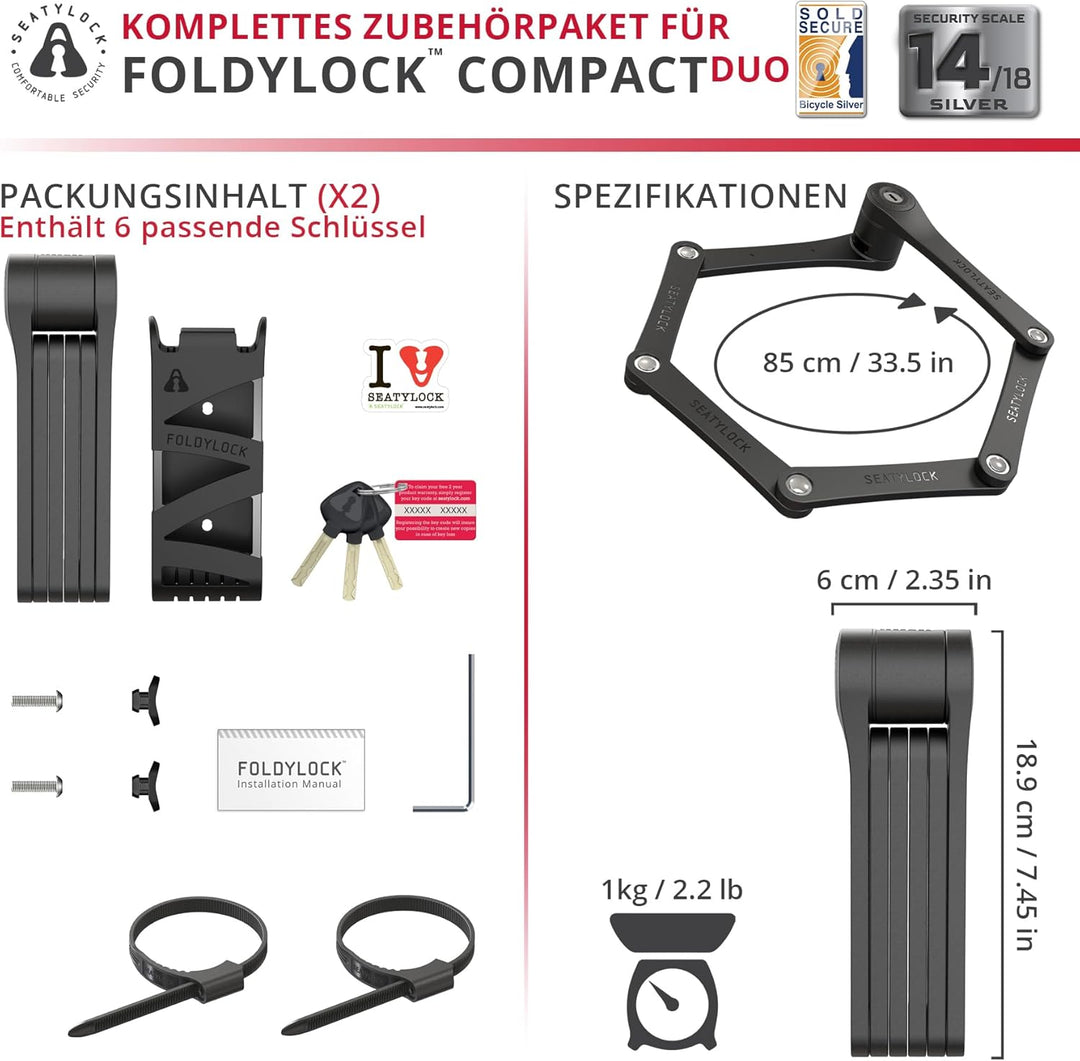 FoldyLock Compact Fahrrad Faltschlösser Set – 2 Fahrradschlösser mit 6 identischen Schlüsseln und Ha