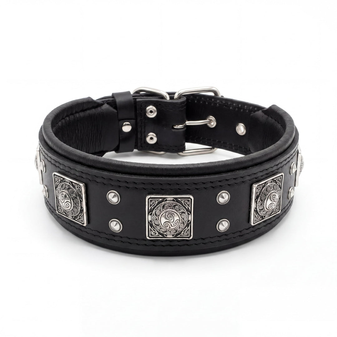 Bestia® EROS Lederhalsband für grosse Hunderassen mit Altsilber Dekoration und weicher Innerpolsteru