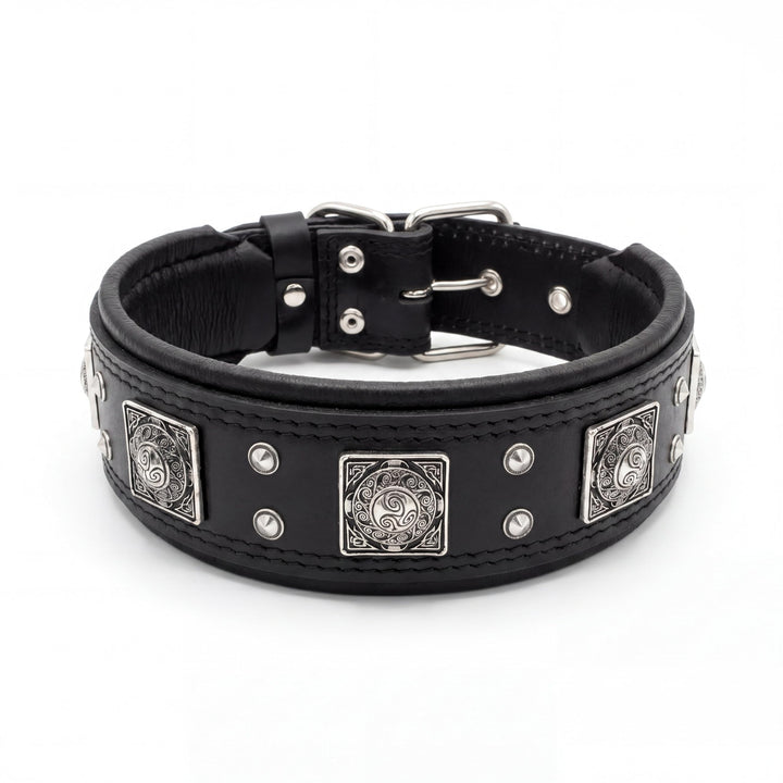 Bestia® EROS Lederhalsband für grosse Hunderassen mit Altsilber Dekoration und weicher Innerpolsteru