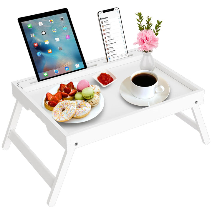 Bett Tablett Tisch mit faltbaren Beinen, Bambus Frühstück Food Tablett mit Media Slot, Verwendung al