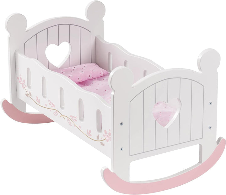 ROBUD Puppenwiege aus Holz, Puppenbett, Weiss, Wiegebett für Puppen, inklusive Bettwäsche，18 Zoll