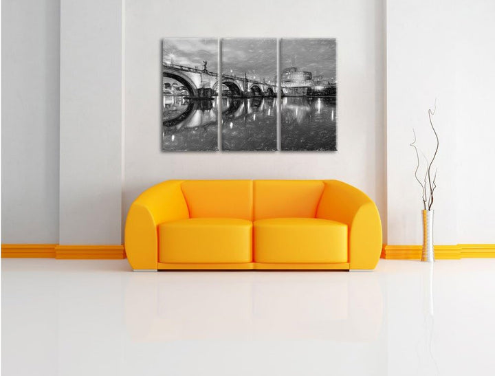 Pixxprint Nachtansicht von S. Angelo-Brücke Kunst Buntstift Effekt 3-Teiler Leinwandbild 120x80 Bild
