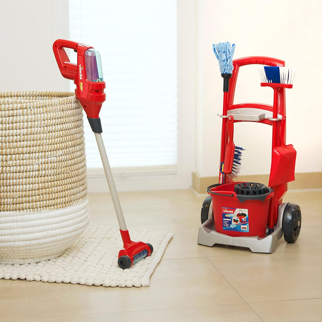Theo Klein 6720 Vileda Besenwagen mit Upright Staubsauger I Inkl. Zubehör wie Wischmop, Eimer, Besen