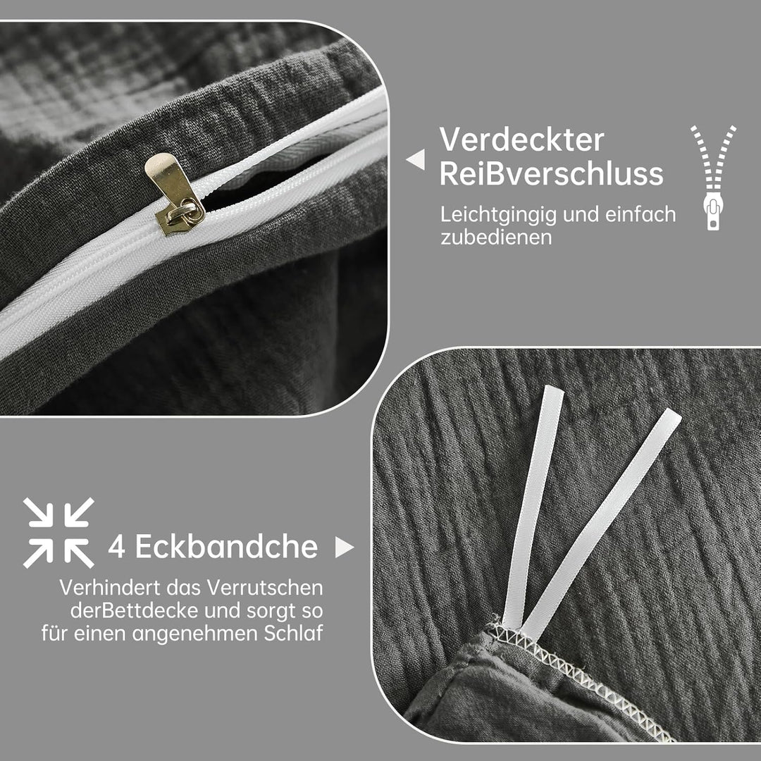 WONGS BEDDING Musselin Bettwäsche 135x200 4 teilig Baumwolle, Bettwäsche-Sets 2er Set Bettbezug mit
