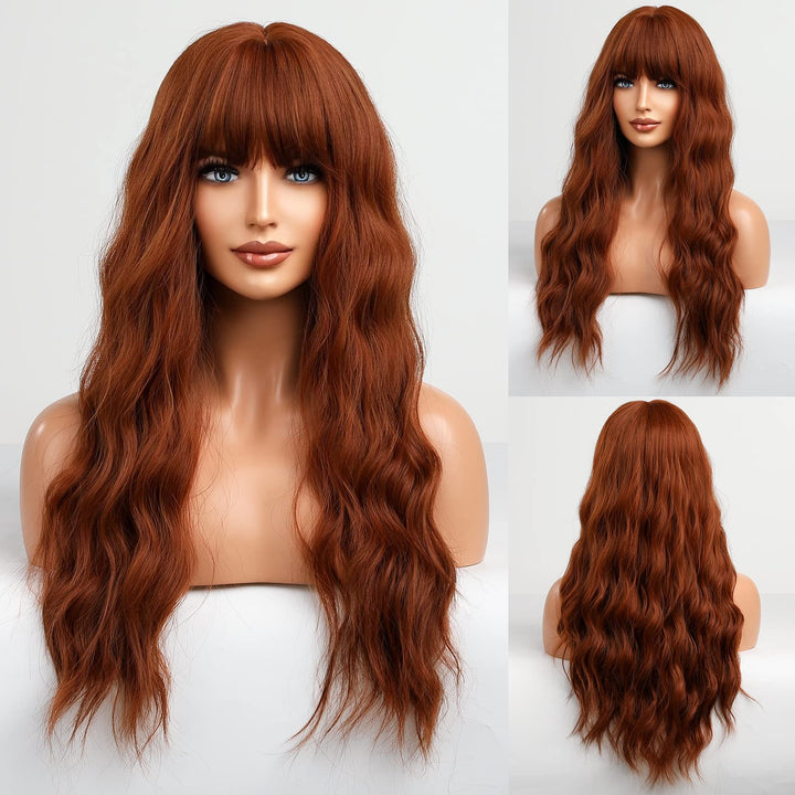 HAIRCUBE Orange Perücke mit Pony Lange Kupfer Rot Lockige Perücken für Frauen Lange AuburnHitzebestä