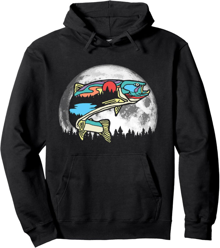 Nature Trout Illustration Vintage Fly Fishing Retro Graphic Pullover Hoodie