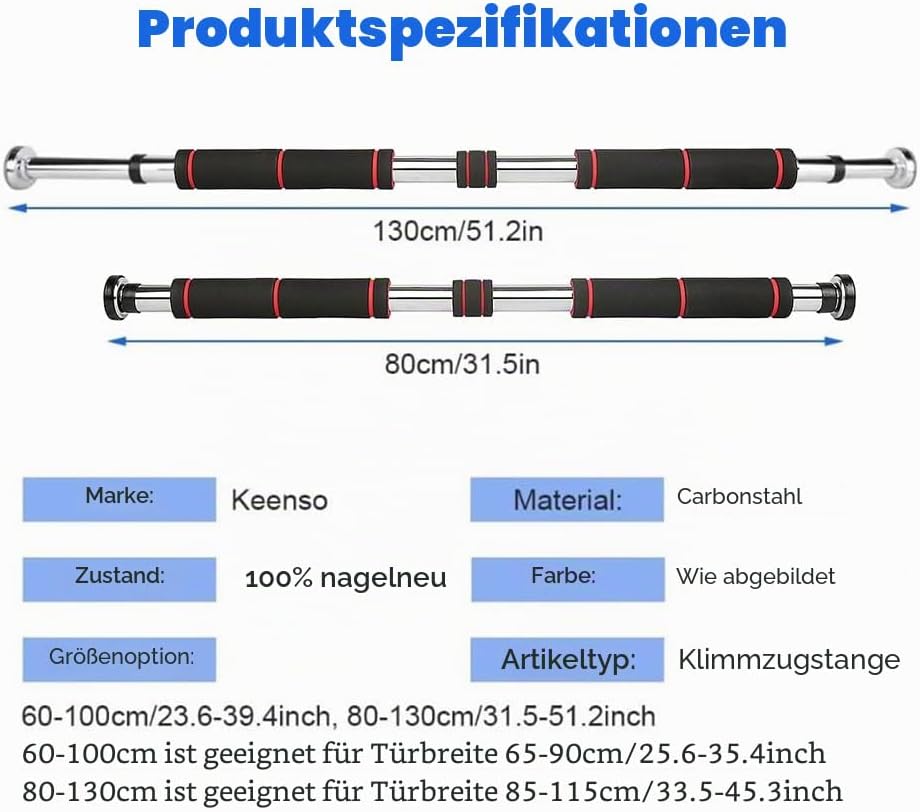 Klimmzugstange Tür | 80-130 cm | 150 kg | Türreck | Turnstange | Krafttraining | Pull Up Bar | Arm |