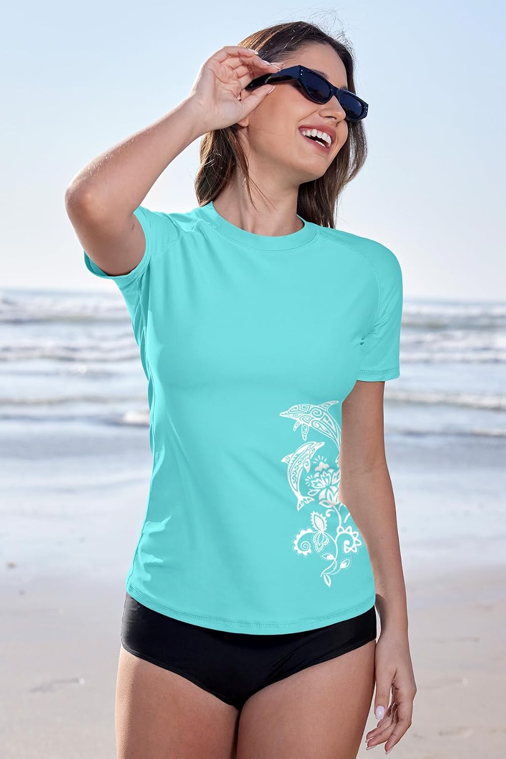 BesserBay Schwimmshirt Damen Kurzarm UV Shirt UPF 50+ Rashguard Women Rundhals Schnelltrocknend Bade