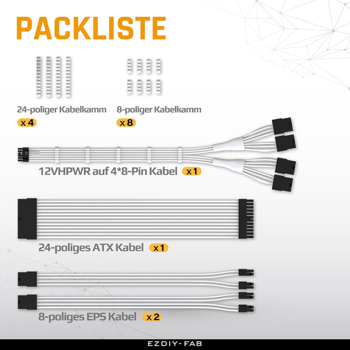 EZDIY-FAB PCIE 5.0 12VHPWR Sleeved Cable Kit, 16AWG Stromversorgungskabel Verlängerung, 24PIN-ATX/(4
