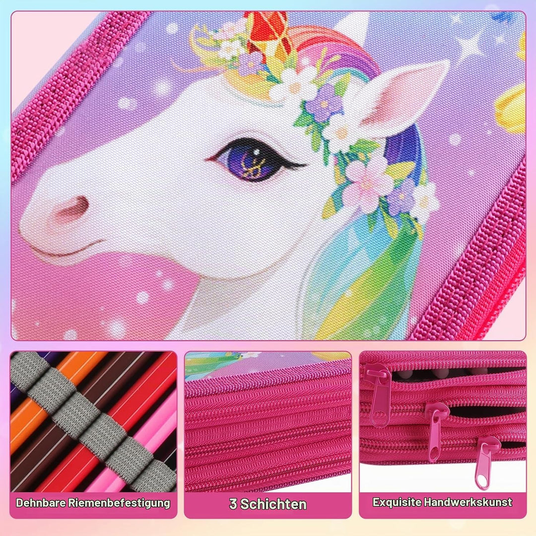 44 Teilen Federmäppchen Einheorne Set Einhorn Federmäppchen 3 Fächer Grosse Kapazität Mäppchen Mädch