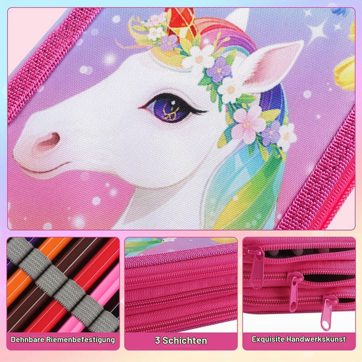 44 Teilen Federmäppchen Einheorne Set Einhorn Federmäppchen 3 Fächer Grosse Kapazität Mäppchen Mädch