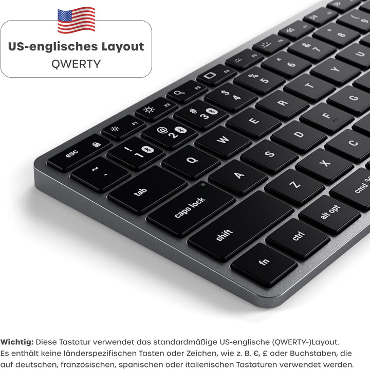 SATECHI Slim X1 Bluetooth Tastatur, 𝗤𝗪𝗘𝗥𝗧𝗬-𝗟𝗮𝘆𝗼𝘂𝘁, Hintergrundbeleuchtung, kompatibel mit vielen Ger