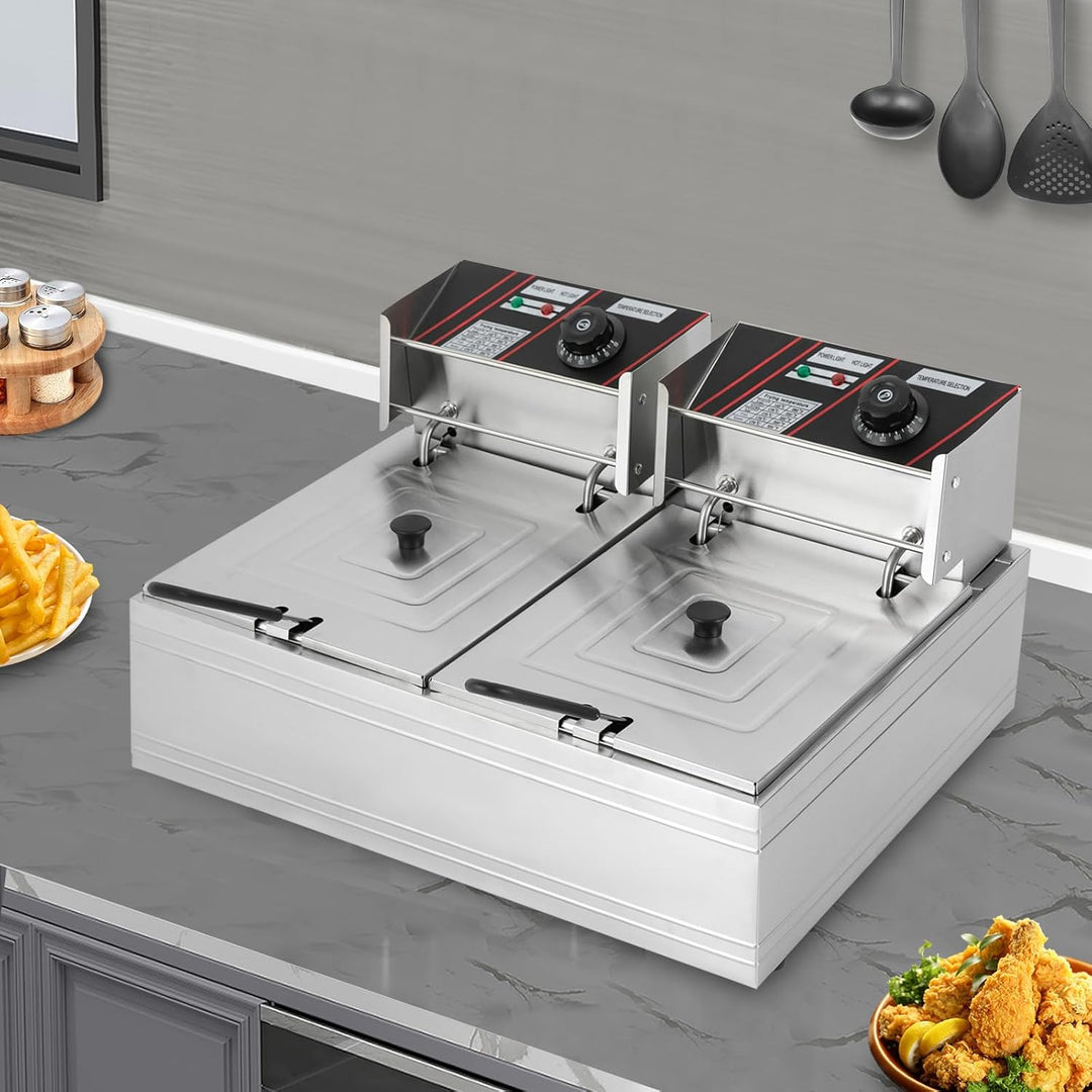 Friteuse Edelstahl 12L, 2.5KW+2.5KW Doppelfriteuse mit 4 Tubi Flessibili, Friteuse Öl mit Fettablauf
