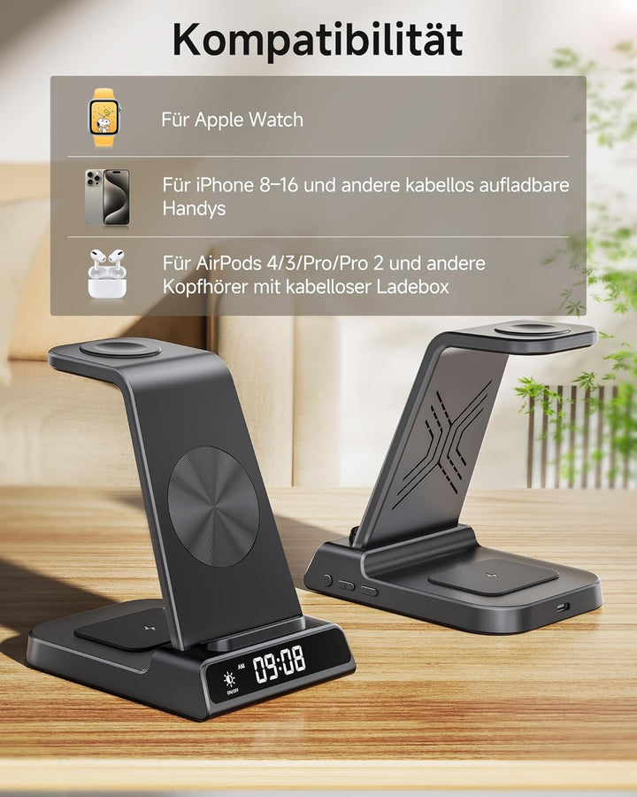 Kabellose Ladestation für Apple, 3 in 1 Kabellose Ladestation mit Digitaluhr, für iPhone 15/14/13/12