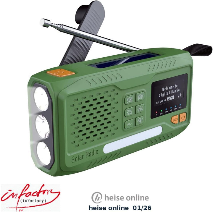infactory Notfallradio: Mobiles DAB+-Kurbelradio mit EWF, Solarpanel, LED, USB, Bluetooth 5 (Radios,