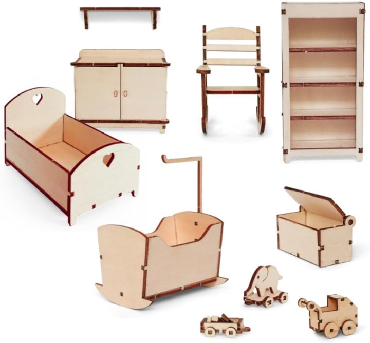 Sam & Julia - Bausatz Babyzimmer – Puppen-Möbel 1/12 für Puppenhaus oder Puppenstube zum selber bast