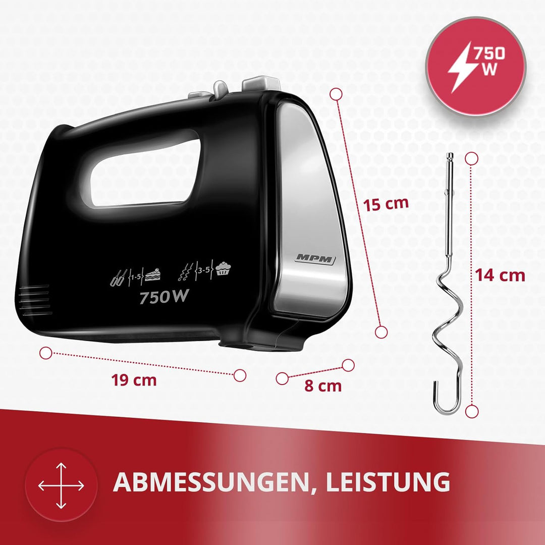 MPM - MMR-19 - Handmixer - Handrührgerät - 750 Watt - mit Schneebesen für Biskuitteig und Knethaken