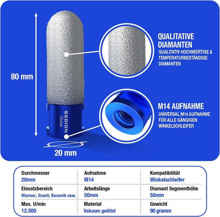 SEDION® Diamantfräser 20mm x M14 Premium - Exzellentes Bohren & Fräsen von harten Fliesen - Fingerfr